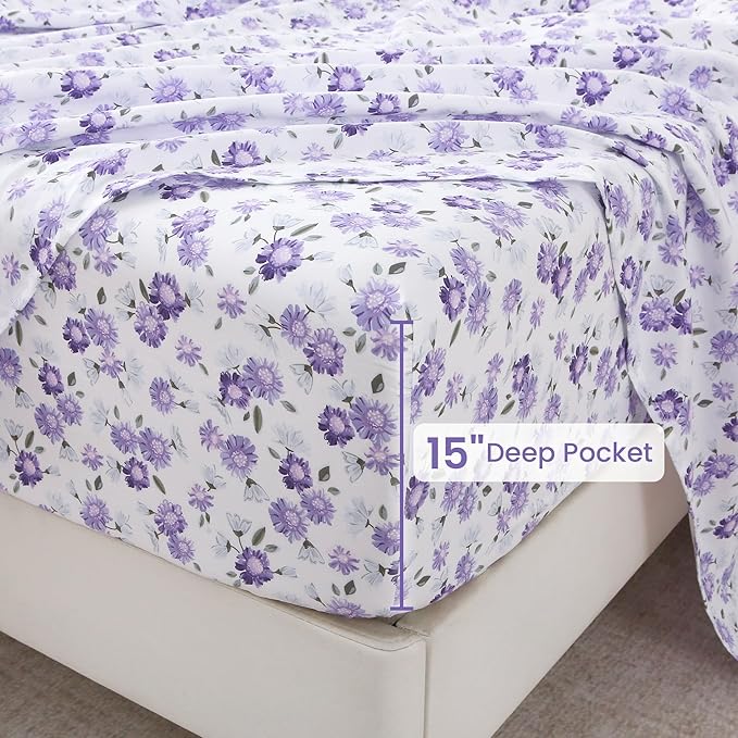 Softan Puple Floral King Sheet Set, 4-Piece Microfiber Printed Fitted Sheet with 15" Deep Pockets & Non-Slip Straps, White Flower Patterned Bedding Sheets & Pillowcase Set