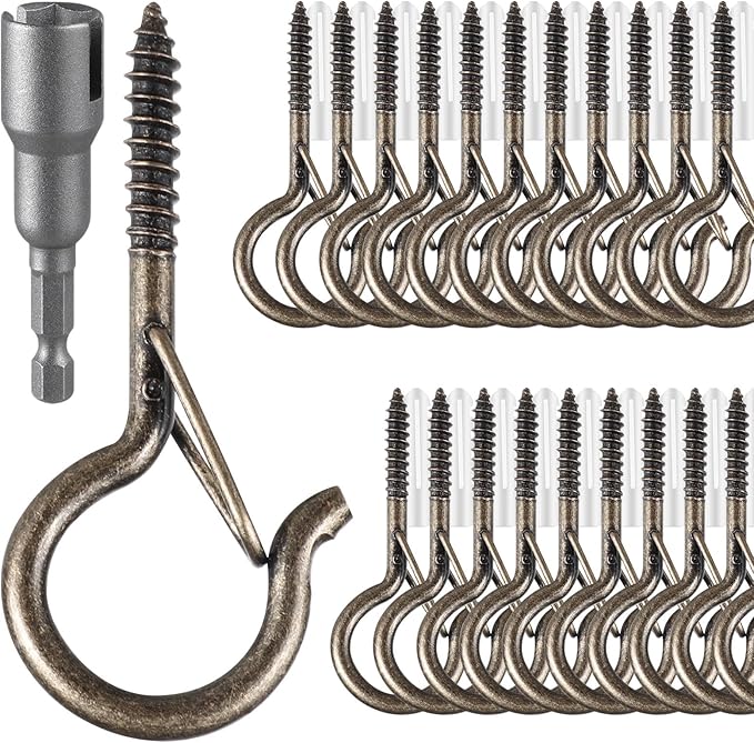 FSAH 50 Pack Screw-in Hooks for Outdoor String Lights, Q Hanger Hooks for Outside, Swivel Hanging Basket Patio Hook with Safe Buckle, Plant Eye Hook for Wall Ceiling with 1 Wing Nut Driver, Copper