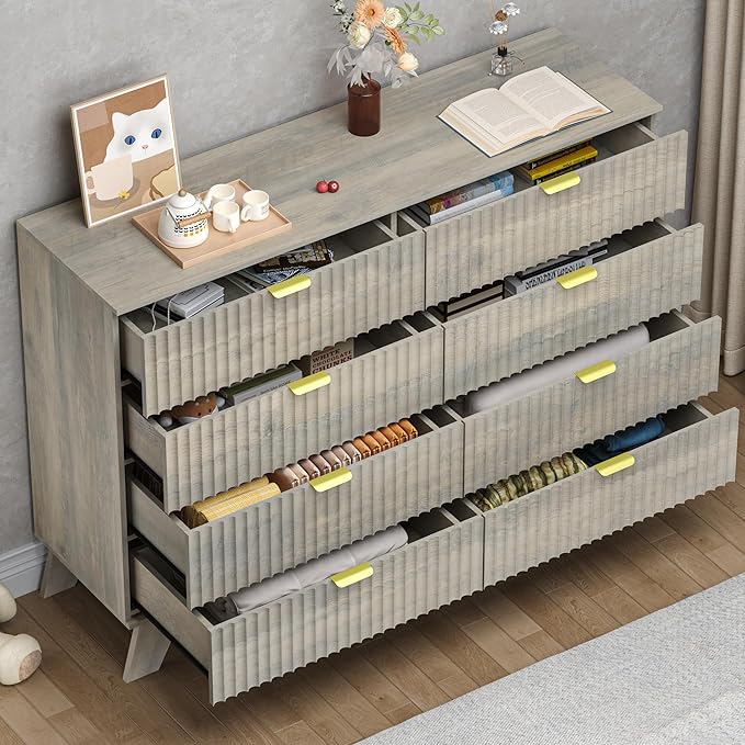 BORNOON Fluted 8 Drawer Tall Dresser, 47.2" Wide Modern Boho Chest of Drawers, Wooden Storage Dresser TV Stand for Bedroom, Living Room, Closet, Hallway, Curved Profile Design