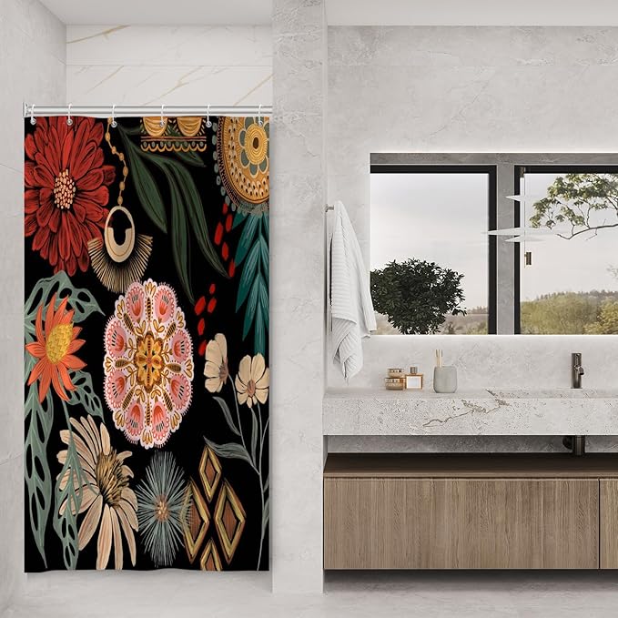 Black Boho Floral Shower Curtain Abstract Botanical Mid Century Modern Bathroom Decor Tropical Flower Shower Curtain with 10 Hooks,54x72 inches