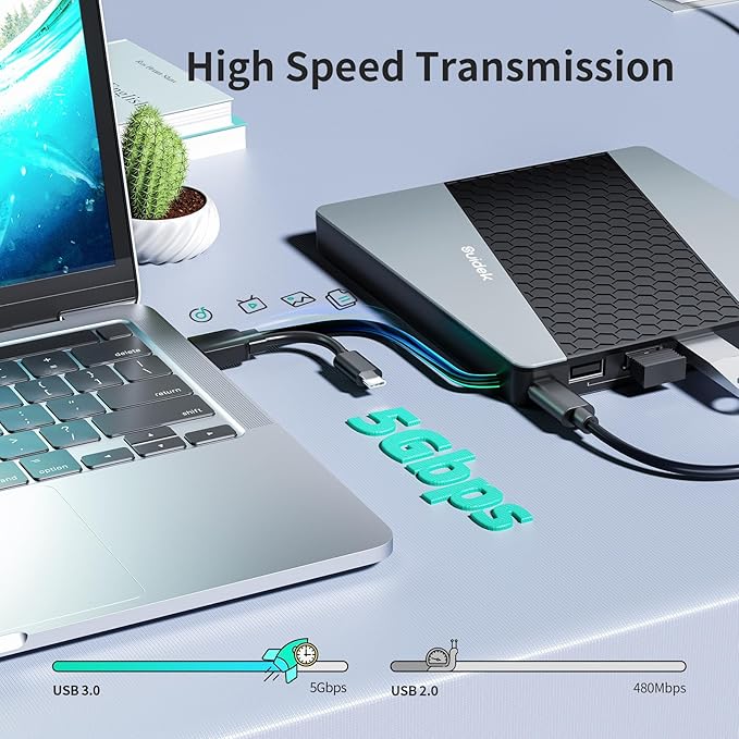 External CD DVD Drive, USB 3.0 USB C Portable CD DVD +/-RW Burner DVD Player for Laptop with SD/Micro SD Card Reader 8 in 1 Hub Compatible with Laptop Mac PC Windows Linux
