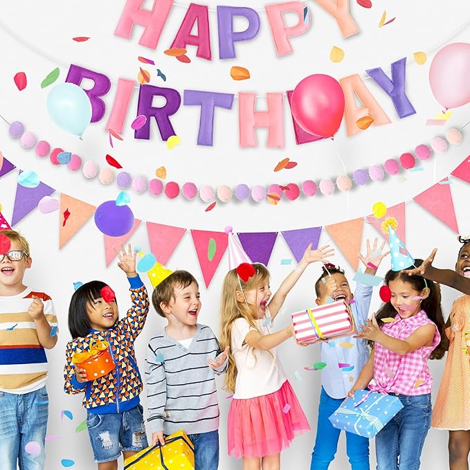 CANREVEL Pre-Strung 3D Happy Birthday Banner, 3 PCS Pink and Purple Happy Birthday Felt Garland, Pom Pom Garland, Triangle Fabric Bunting, Reusable Purple and Pink Decorations for Girls Women