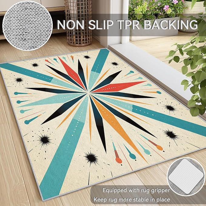 Mid Century Modern Rug 5x8, Washable Retro Sun Rugs for Living Room Bedroom, Atomic Geometric Area Rug for Home Decor, Non Slip Backing Floor Carpet with Gripper - 5 x 8 ft