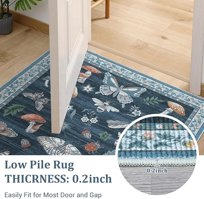 5x7 Washable Mushroom Floral Small Rug Non Slip Living Room Vintage Area Rug Low Pile Soft Bedroom Rugs Non Shedding Kitchen Rugs Boho Retro Indoor Carpet for Kids Nursery Room, Blue