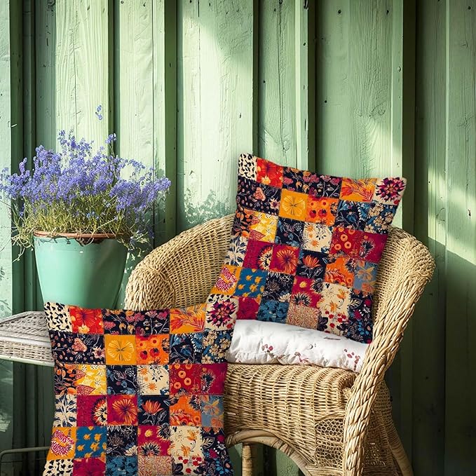Printed Patchwork Inspired Throw Pillow Covers 18x18 Set of 2 | Floral Quilt Look Cushion Cases | Home Decorative Pillowcases for Couch, Sofa, Bed and Living Room