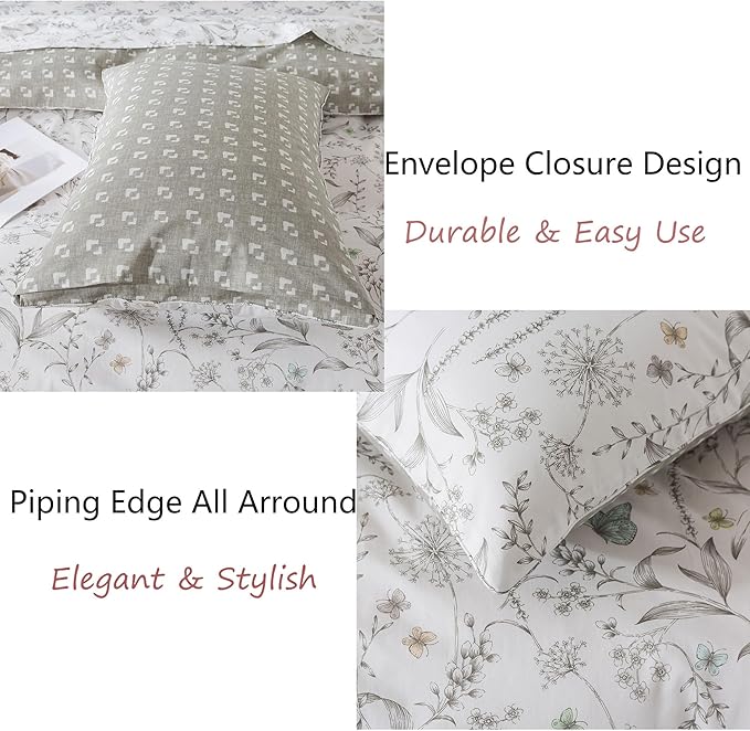 FADFAY Duvet Cover Set Colorful Butterfly Bedding Vintage Botanical Comforter Cover Set Shabby Branches Bedding 100% Cotton Soft Quilt Cover with Hidden Zipper Closure 3Pcs, King/California King Size