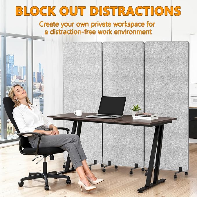 Soundproof Room Divider Panel with Wheels, 66in Portable Office Partition Screen, 3 Panel Temporary Wall Divider for Sound Proof Separation, Cubicle Privacy Panels for Desk (Light Grey)