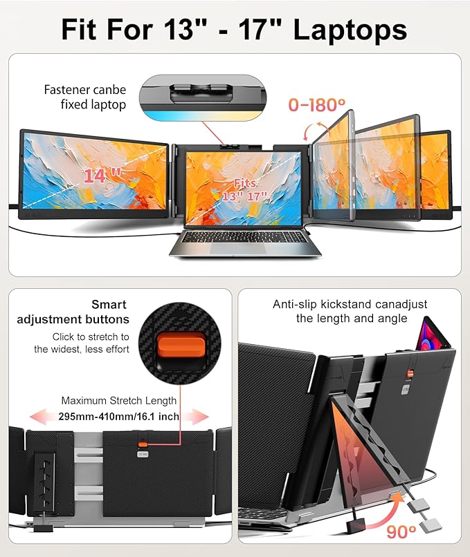 Cevaton Laptop Screen Extender, 14" FHD 1080P Triple Portable Monitor, Plug & Play Screen Extender, Auto Adjust Width Dual Monitor for 13" - 17" Laptops, Compatible with MacOS/Wins/Chrome/Dex