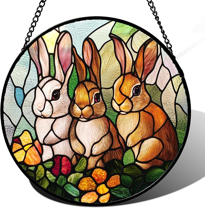Stained Glass Window Hanging - 3 Cute Rabbits Suncatcher for Doors Garden Patio Bunny Sun Catchers Decor Christmas Mother's Day Birthday Teenager Gifts for Women Men Mom Nana Friend 9.8 in