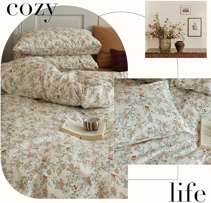 Vintage Style Botanical Floral Duvet Cover Full 3 Pieces Chic Floral Tree Branches Bedding Set Cotton Botanical Flower Duvet Cover with 2 Pillowcases Boho Floral Cottagecore Duvet Covet Full Size