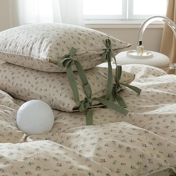 LifeTB Green Floral Comforter Set Queen Vintage Coquette Bedding Comforter for Girl Women Floral Botanical Comforter with 2 Bow Ties Pillowcases Cottagecore Bedding Flowers Comforter Set Queen Size