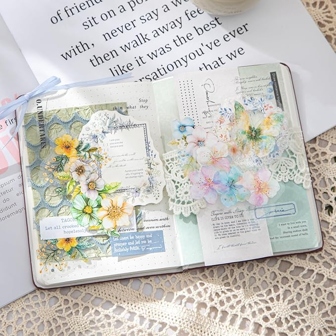 AuriicLeaf Floral PET Sticker Set, 60PCS Transparent Butterfly, Lace, and Flower Stickers for Scrapbooking, Journaling, Planners and DIY Crafts
