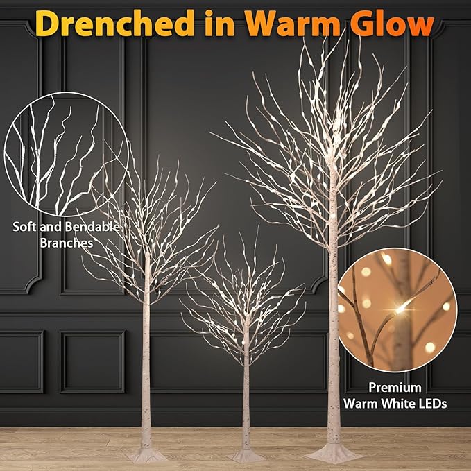 4ft & 6ft & 8ft LED Birch Tree Set, with Warm White Lights for Outdoor Indoor Christmas & Wedding Decor (3 Sizes Pack)
