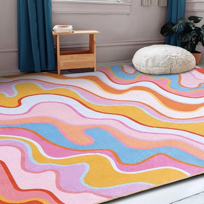 Colorful Abstract 8x10 Area Rug Ultra Thin Flatweave Funky Aesthetic Colorful Striped Living Room Rug Orange Blush Washable Carpet for Nursey Entryway Bedroom Dining Room Dorm Office