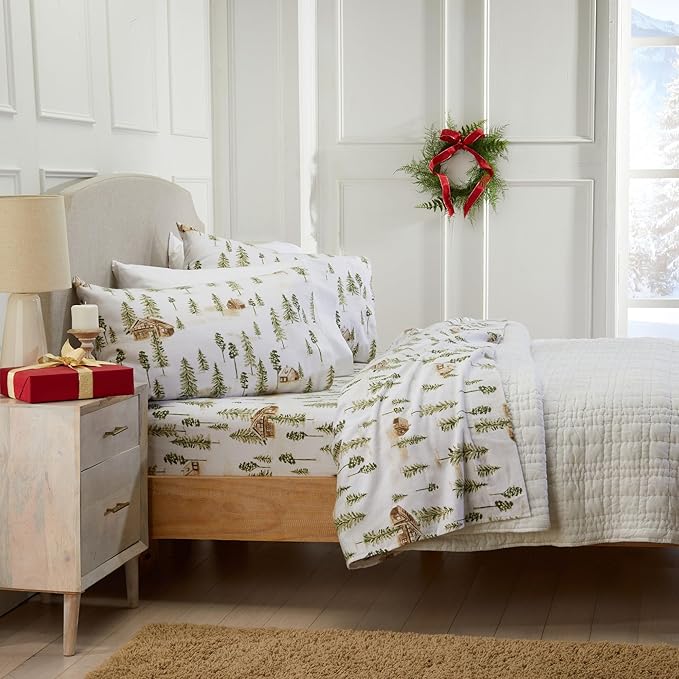 Market & Place 100% Cotton Queen Flannel Sheet Set | 4 Piece Deep Pocket Novelty Cozy Winter Bed Sheets | Double Brushed for Extra Softness & Comfort | Alpine Collection (Queen, Watercolor Forest)