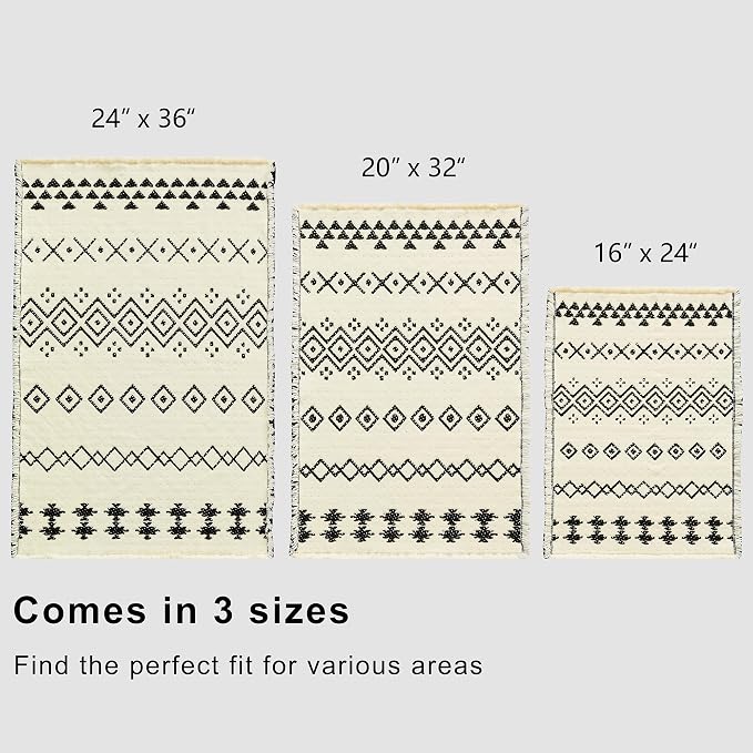 Douceur Boho Bath mat for Bathroom Floor Non Slip, Acrylic Blend Cute Bath Rugs with Tassels, Tribal Ethnic Pattern Farmhouse Bathroom Rugs, 20" x 32", Black