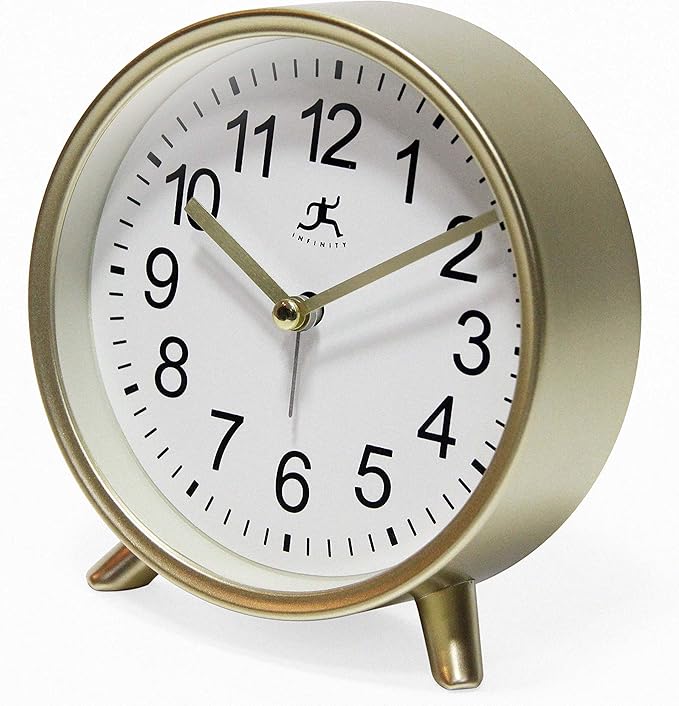 Infinity Instruments Tabletop Alarm Clock Decorative Cute 5.75 inch Face Modern Round Analog Easy-to-Read Matte Gold Small