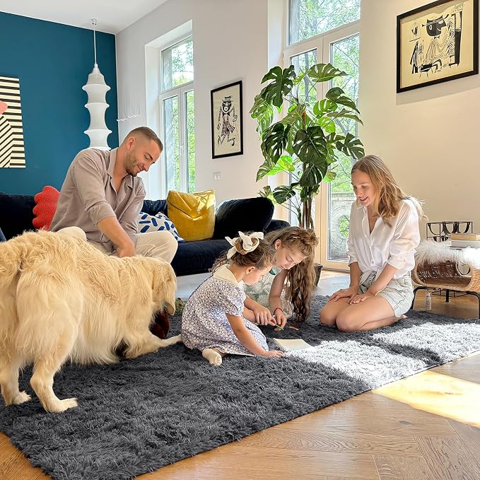 OLANLY 7x12 Machine Washable Large Area Rugs for Living Room, Bedroom, Soft Fluffy Shaggy Bedside Rug, Indoor Floor Carpet for Kids Girls and Boys, Dorms, Nursery, Home Decor Aesthetic, Grey