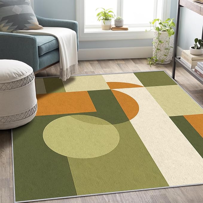 Mid Century Rug 8x10, Washable Modern Geometric Rugs for Living Room Bedroom, Minimalist Area Rug for Home Decor, Non Slip Backing Floor Carpet with Gripper - 8 x 10 ft