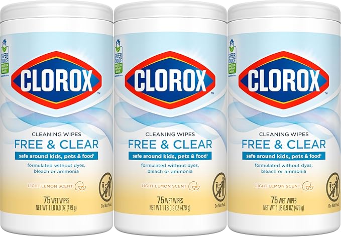 Clorox Free & Clear Cleaning Wipes, Light Lemon Scent, 75 Count, Pack of 3 (Pack May Vary)