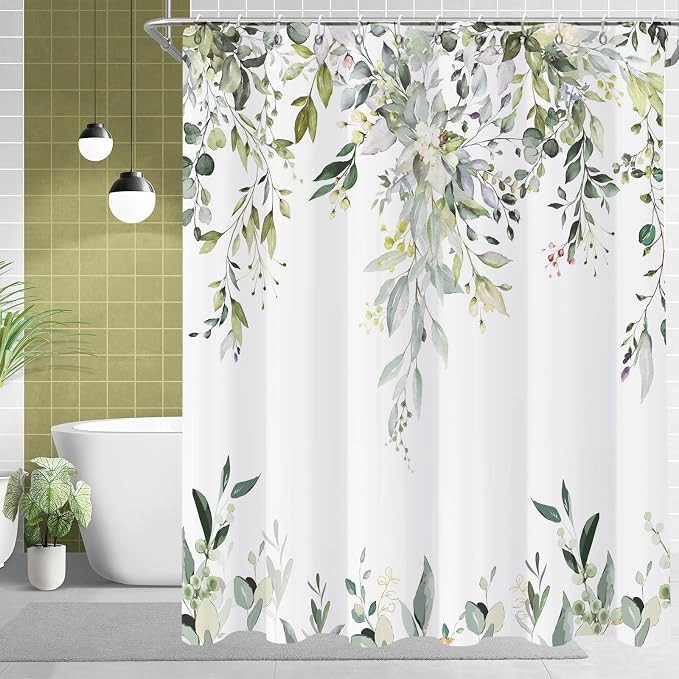 Sage Green Eucalyptus Shower Curtain, Watercolor Leaves Plant Spring Floral Waterproof Fabric Machine Washable with Hooks for Bathroom Bathtub Decor 72x72