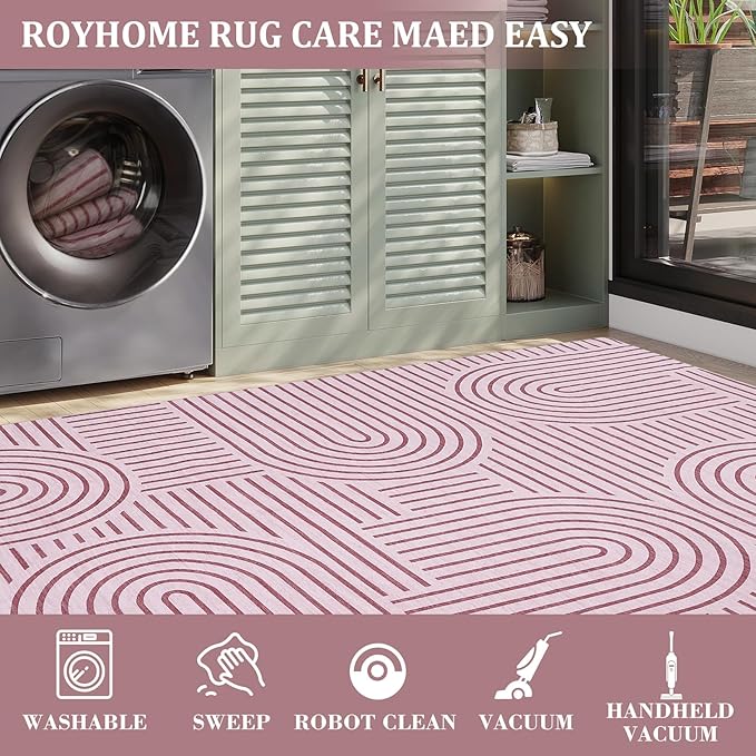 Washable 8x10 Pink Area Rug Modern Abstract Carpet Non Shedding Living Room Area Rug Soft Bedroom Rugs Stain Resistant Boho Rainbow Large Carpet for Girl Room Nursery Dining Room, Pink