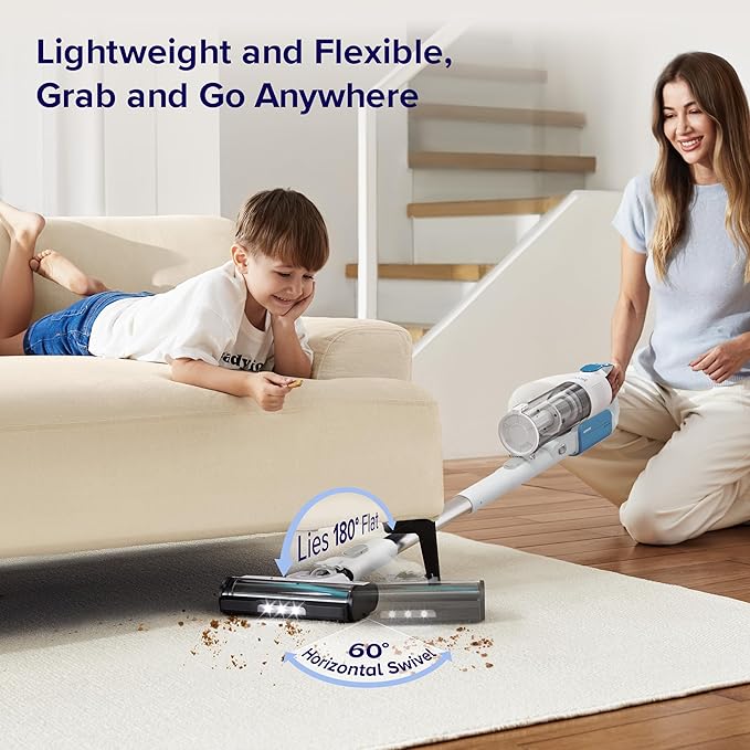 LEVOIT Cordless Stick Vacuum, Anti-Tangle, LED Headlights, Removable Battery, Self-Standing, Strong Suction, for Pet Hair, Hard Floor, Carpet, LVAC-200 White&Blue