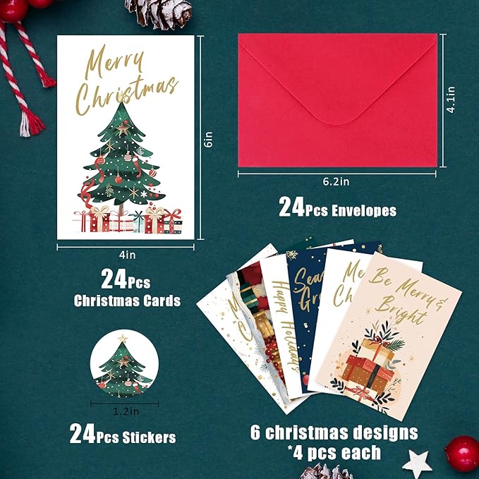 FUHITIM Christmas Cards Assortment, 24 Pcs Greeting and New Years Cards with 6 Designs for Christmas, Holiday, New Year Gift (4x6 Inch)