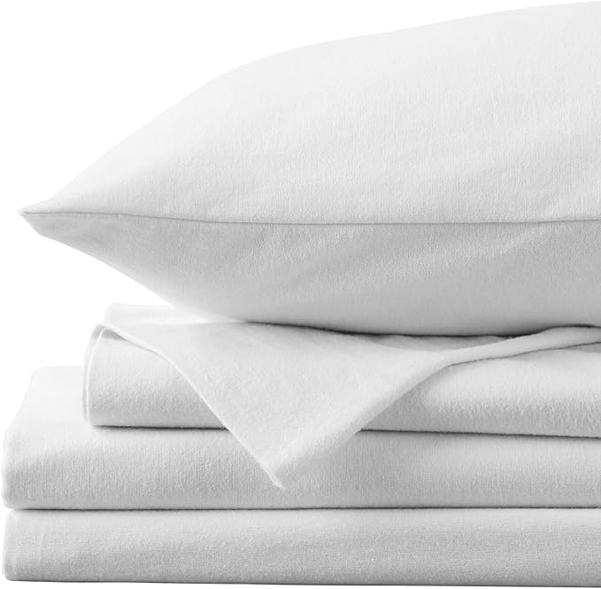 Market & Place 100% Cotton Twin Flannel Sheet Set | 3 Piece Deep Pocket Solid Cozy Winter Bed Sheets | Double Brushed for Extra Softness & Comfort | Chalet Collection (Twin, White)