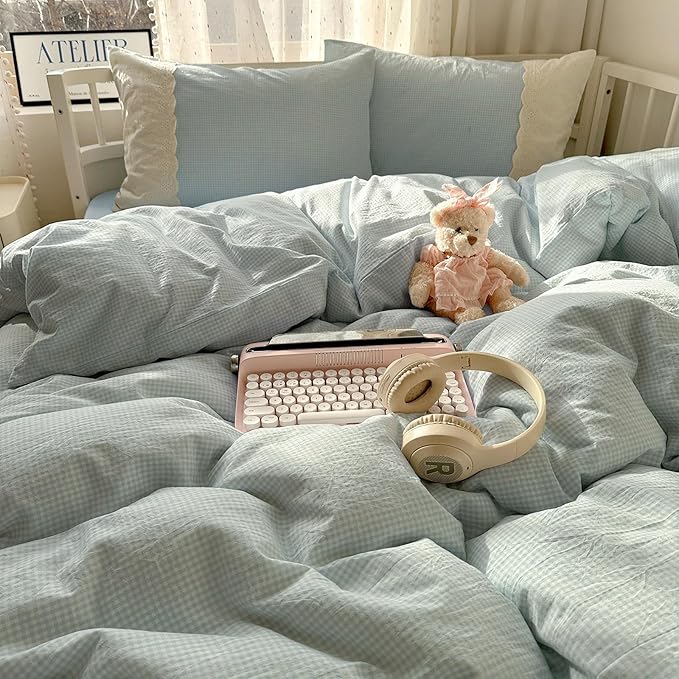 LifeTB Blue Gingham Duvet Cover Twin 3 Pieces Blue Plaid Comforter Cover with Chic White Lace Soft Microfiber Checkered Grid Duvet Cover with 2 Pillowcases Breathable Gingham Plaid Bedding Set