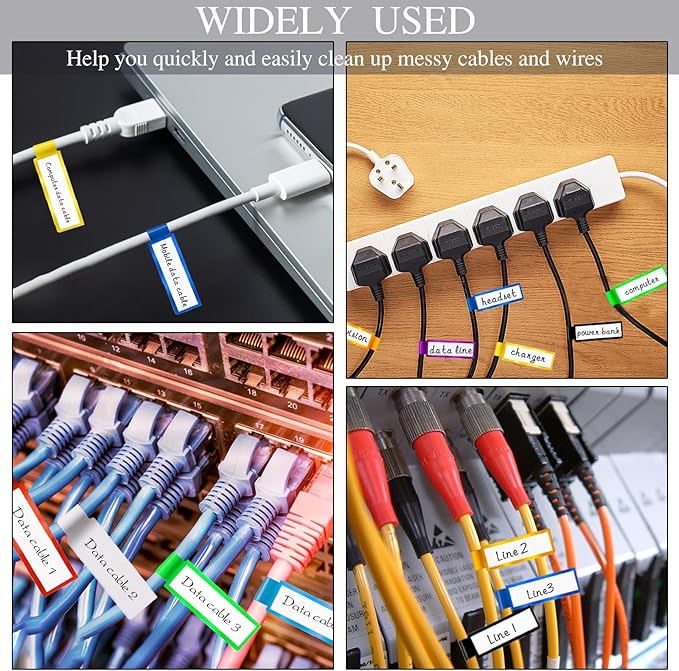 300 PCS Waterproof Cable Tags, 10 Colors Wire Labels for Management, Color Border Cord Labels Can Write On, Self Adhesive