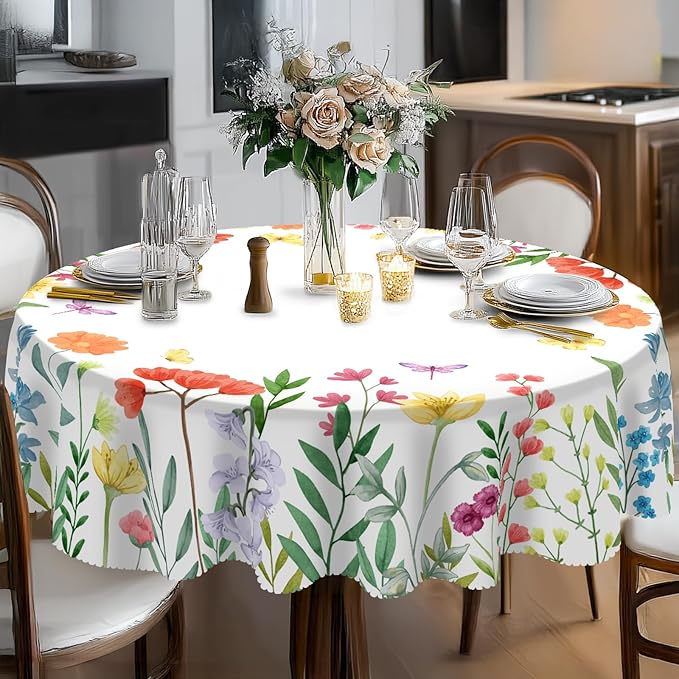 Eikione Round Tablecloth 60inch,Tablecloth Waterproof and Wrinkle-Free, Wild Flower Rustic Table Covers, Summer Decorations for Home