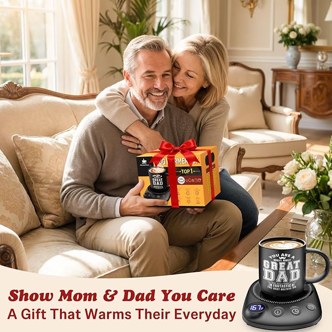 KitchekShop Coffee Mug Warmer - Fastest Heating & Highest Temperature, Coffee Cup Warmer for Desk Auto Shut Off, 4 Temp Settings & 1-12H Timer, Smart Electric Beverage Warme (Cup Warmer Set for dad)