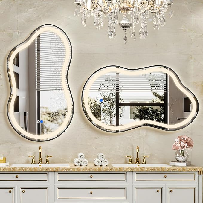 Irregular LED Bathroom Mirror with Lights, Cloud Smart Backlit Mirror, Dimmable Lighted Bathroom Mirror with Anti-Fog, Asymmetrical Vanity Mirror Hangable 2 Ways (Black, 20" x 36", 2 Pack)