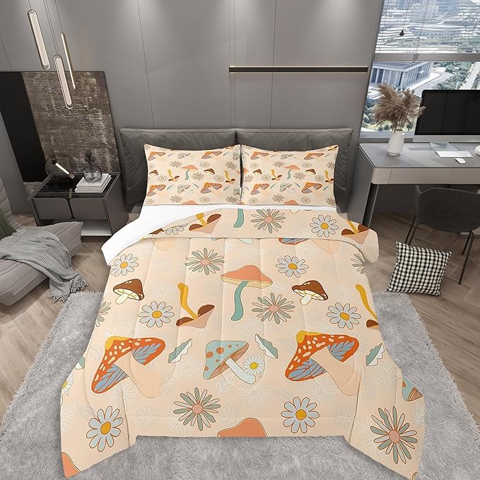 Castle Fairy 60s 70s Retro Mushroom Comforter Set Full Size,Groovy Flowers Floral Bedding Comforters for Girls Teens Gift,Boho Art Quilt Set with 2 Pillowcases,Chic