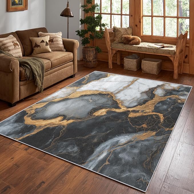 Black White Gold Marble Area Rug, Modern Abstract Pattern Carpet, Washable Non Slip Low Pile Soft Thin, Living Room Bedroom Home Decor Mat 5x8ft