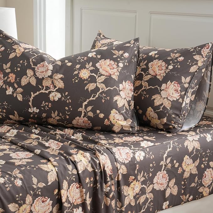 Zusbest Dark Brown Floral Bed Sheets Set - Queen Size Percale Cotton Shabby Rustic Peony Flower Print Bed Sheets - Soft Breathable Mocha Classic Vintage Bedding 4 Pcs Deep Pocket Flower Bed Sheets