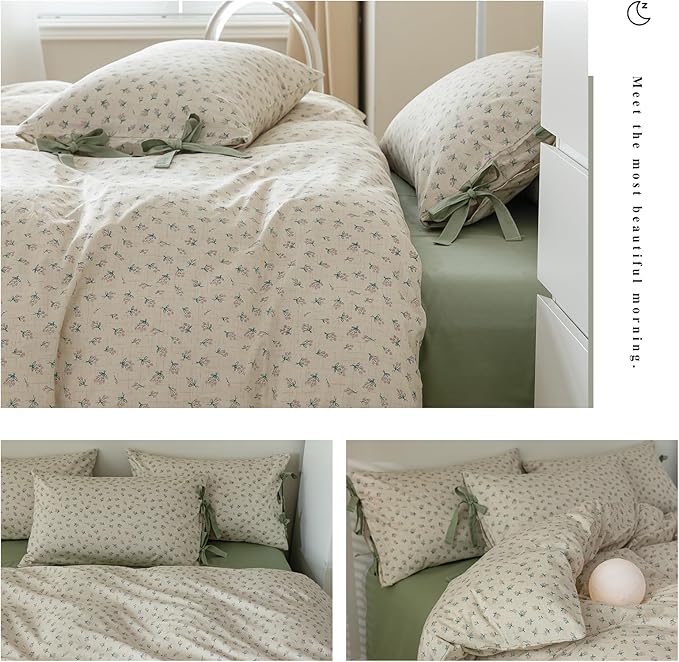 LifeTB Green Floral Comforter Set Queen Vintage Coquette Bedding Comforter for Girl Women Floral Botanical Comforter with 2 Bow Ties Pillowcases Cottagecore Bedding Flowers Comforter Set Queen Size