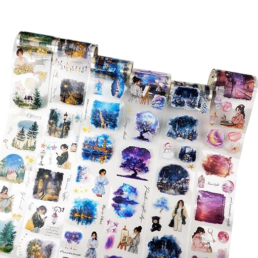 AuriicLeaf Moonlit PET Tape Set, 6Rolls Pre-Cut Night Scenery Stickers for Scrapbooking & Journaling, Includes Clip, Large Size, Ideal for Collage, DIY Crafts