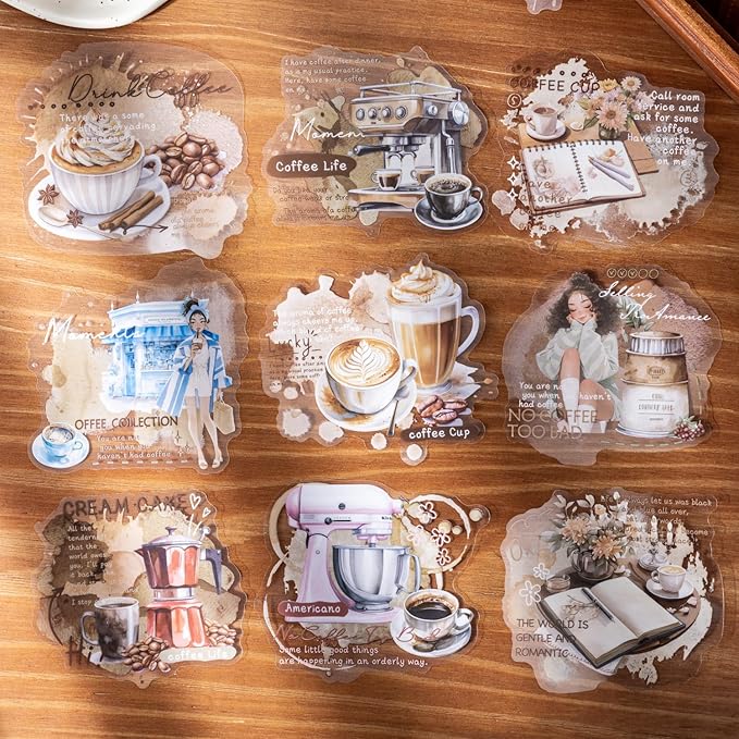 AuriicLeaf Coffee Aesthetic PET Stickers, 60 Pcs Large Collage Ephemera for Scrapbooking, Journaling, DIY Crafting, and Art Supplies