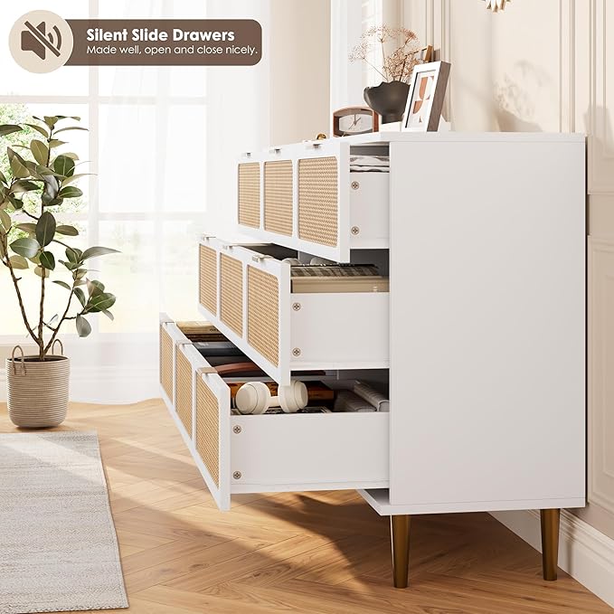 Garvee Rattan Dresser with 9 Drawers, Tall Modern Closet with Deep Storage, Large Chest of Drawers with Wide Top, Long Wooden Dresser for Bedroom, Living Room, Hallway, Kids Room, White