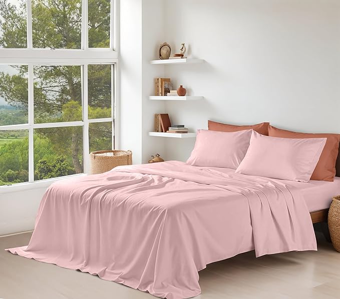 RUVANTI 100% Organic Cotton Sheets King Size, Percale Weave, GOTS Certified, 4-Piece Set, Deep Pocket 15", Crisp & Breathable, Soft Durable Bedding, Sábanas Algodón Orgánico – Peach Skin