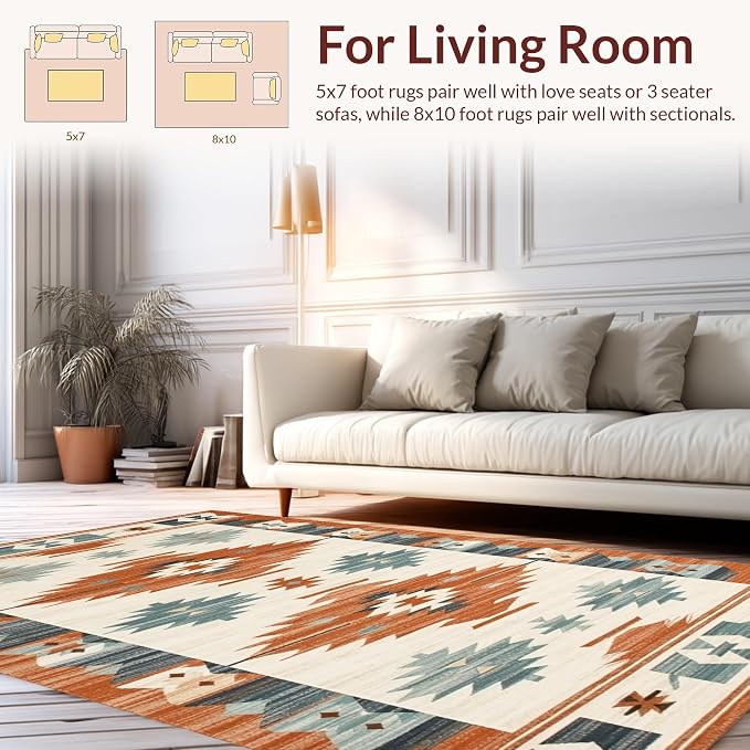 Flatwoven High Traffic Area Rug 8x10, Southwestern Horizon Vista, Non Slip, Stain Resistant, Washable Area Rugs for Living Room, Bedroom (Orange, 8x10)