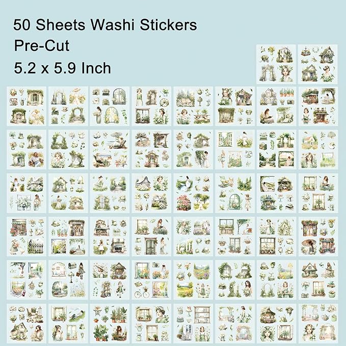 YagCu Garden Journal Stickers, 50 Sheets Washi Junk Journaling Sticker Book, Scrapbook Supplies, Watercolor Scrapbooking for Adults, Green Decorative Ephemera Arts Craft
