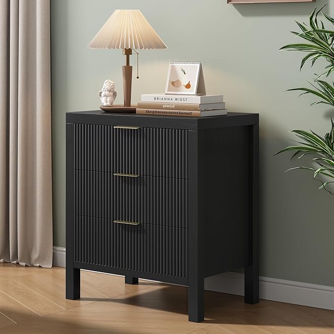 LSKTGA 3 Drawer Dresser, Chest of Drawers Organizer with Waveform Panel, Large Fluted Dresser with Wide Drawers and Golden Handles, Wood Storage for Bedroom, Hallway, Entryway, Black