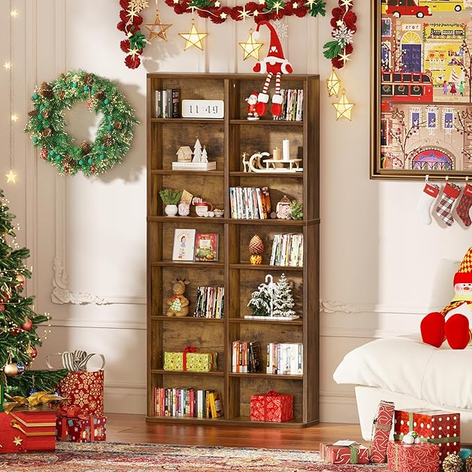 LELELINKY 7 Tier Tall Display Cabinet, Brown Media Storage Cabinet with Adjustable Shelves, Free Standing DVD Organizer Shelf, Floor Multimedia Storage Manga Bookshelf for Living Room & Home Office.