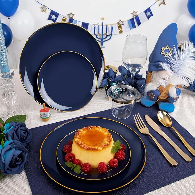 WDF 300PCS Navy Blue Plates Disposable - Blue Plastic Plates 50guest Heavy Duty Plastic Dinnerware Sets for Hanukkah/Party/Wedding/Birthday