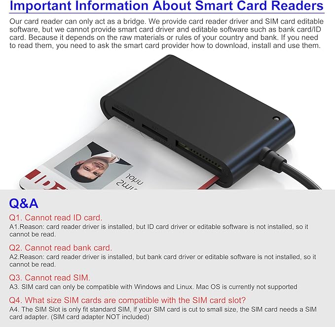 SIM Card Reader for Computer - 7 in 1 CAC Card Reader Military Smart Card Reader & MS Pro Duo/SD/TF/M2/ID/IC/SIM/PIV Card Reader, Memory Stick Pro Duo Adapter for Windows, Linux, MacOS X