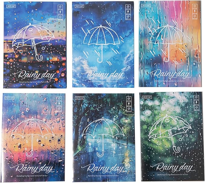 60 Sheets Large Size Rainy Day Scrapbook Stickers for Scrapbooking Supplies, 6 Assorted Rain Scenes Transparent PET Stickers for Journaling, Junk Journals, Collage, DIY Crafts Arts