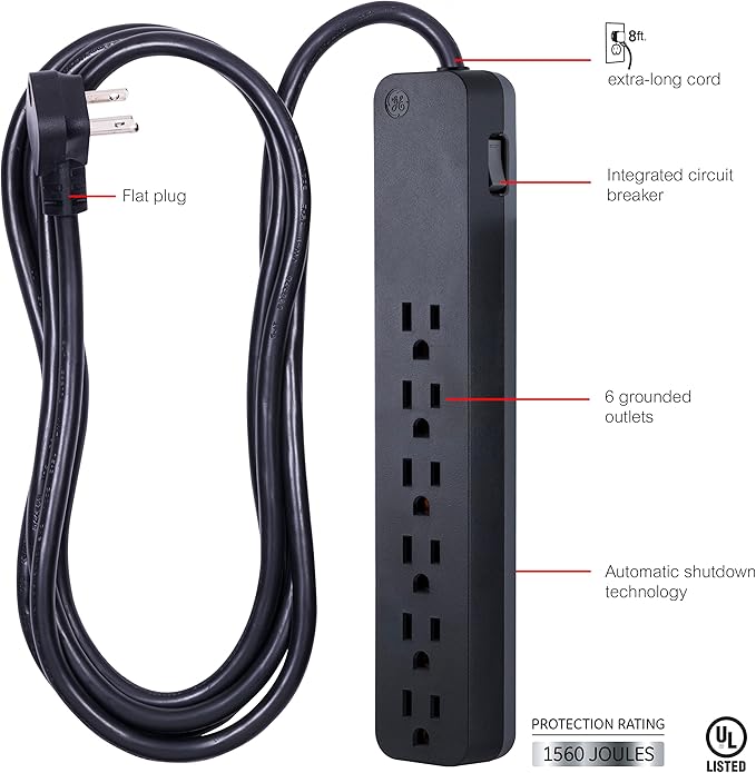 GE Pro 6-Outlet Surge Protector, 8 Ft Extension Cord, 1560 Joules, Power Strip, Flat Plug, Integrated Circuit Breaker, Wall Mount, UL Listed, Black, 37052